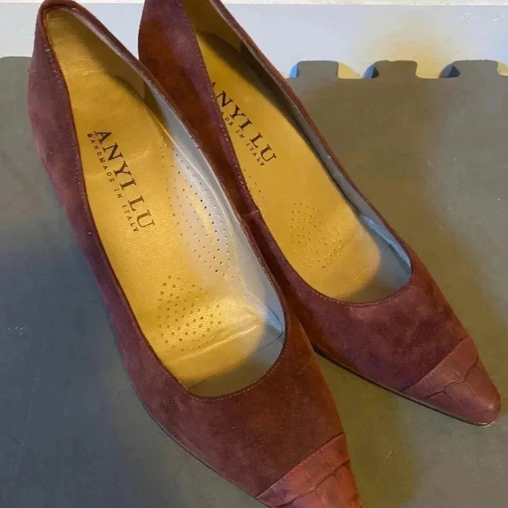 Anyi Lu Suede Snakeskin Point Toe Heels